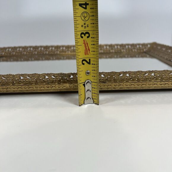 Mirrored Vanity Tray For Trinkets, Jewelry & Makeup With Brass Filigree VTG 16" - Picture 11 of 12